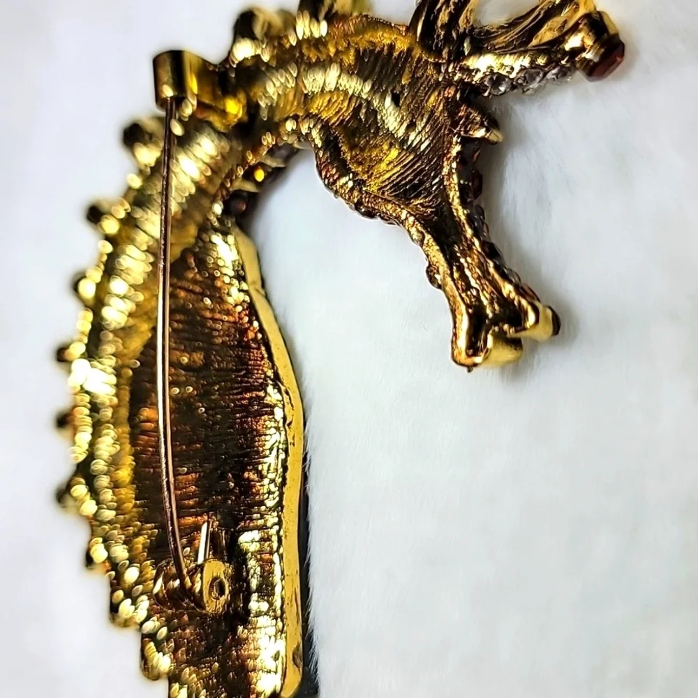 Fabulous Amber Colored Rhinestone & Abalone Sea Horse Gold Tone Brooch Pin